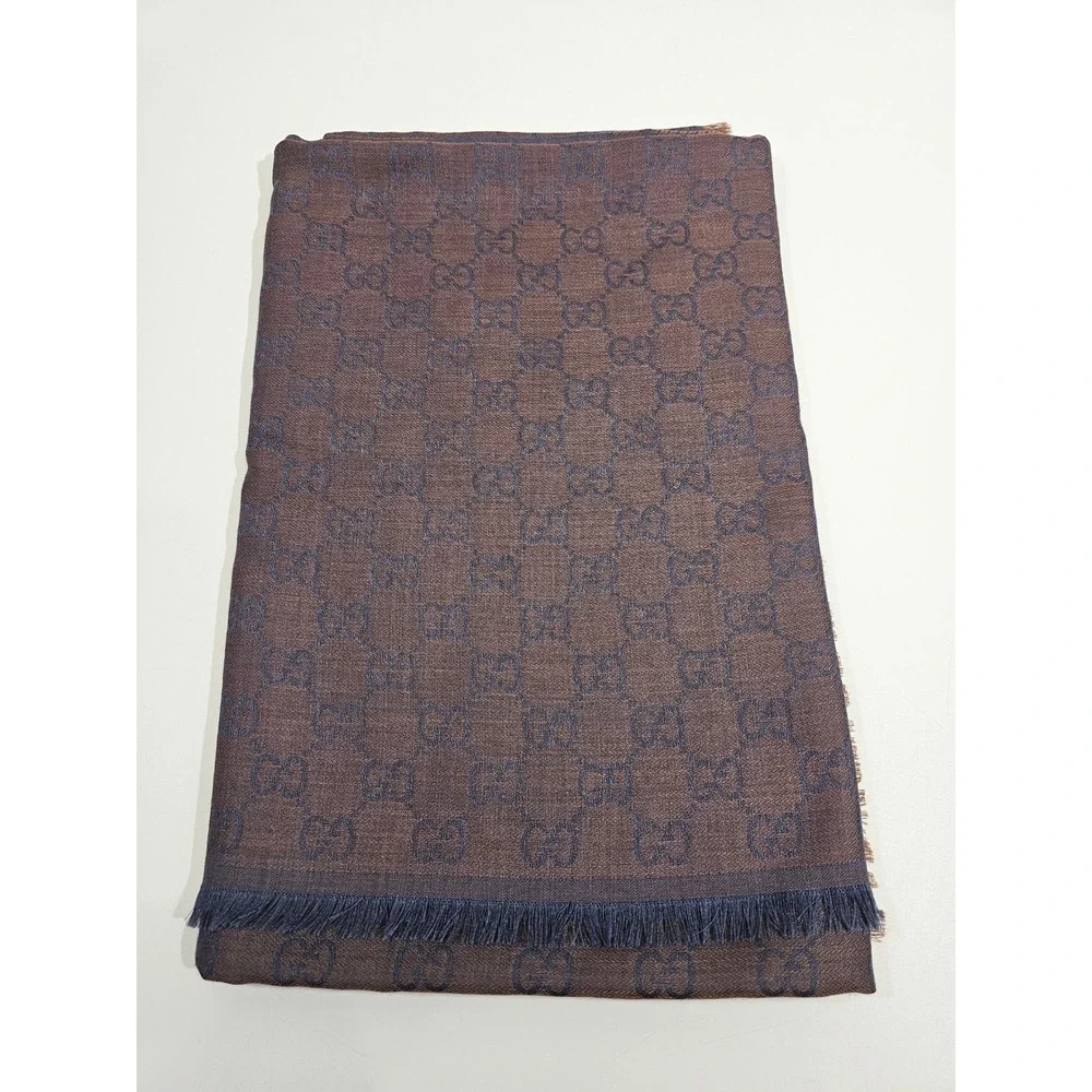 Gucci GG Monogram Scarf Unisex Brown Blue Jacquard Silk Wool Fringed Shawl Wrap